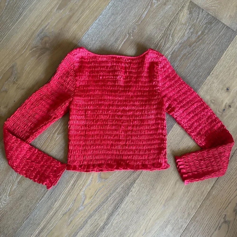 OPEN EDIT Smocked Scoop Neck Crop Top Red Goji Size M NEW